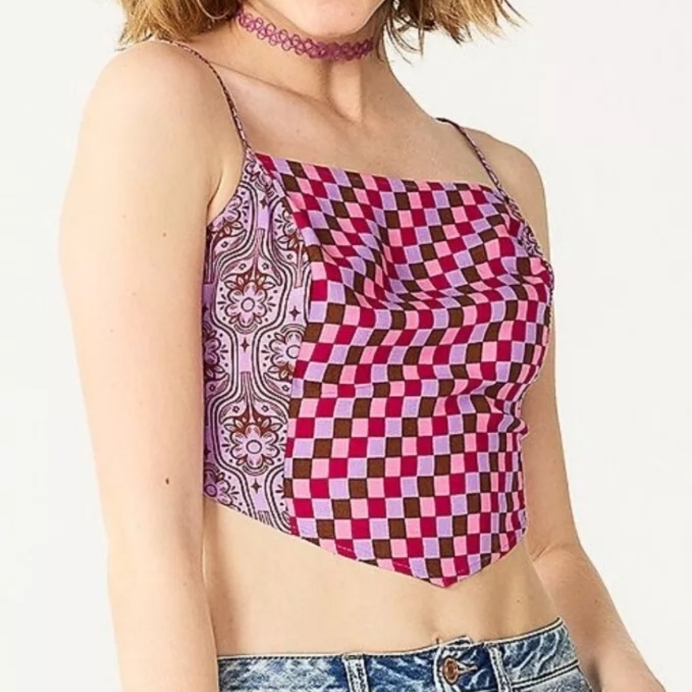 SO Juniors  Floral Checkered Pink and Brown Straps Short Casual Top Size L